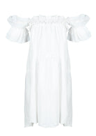 White linen Blooms Dress front view — off-shoulder ruffle mini dress ghost mannequin product shot, Puka The Label