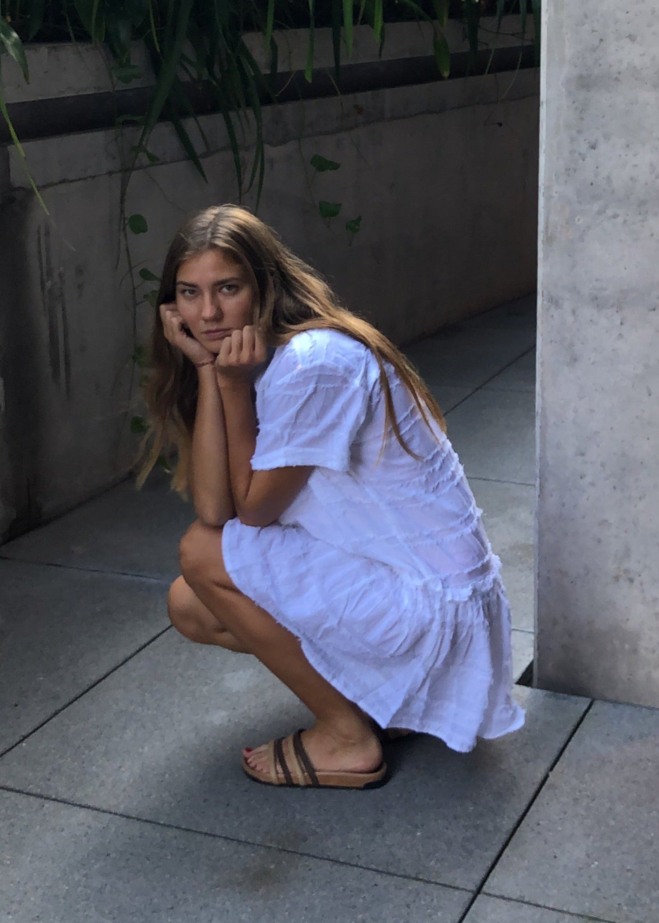 White textured cotton throw-on dress — easy beach vacation style for 30A and Martha's Vineyard
